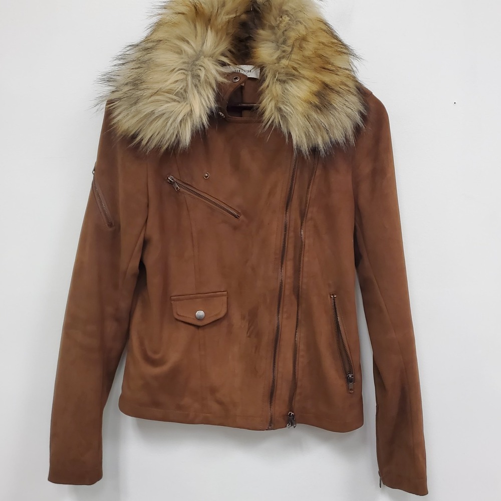 John & Jenn Faux Suede Coat Size L Fur Collar Aviator Y2K Bratz Moto Brown Biker